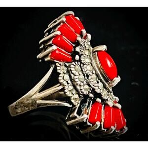 Vintage Red Coral & Marcasite Cocktail Ring – Sterling Silver Sunburst  Size 5.5